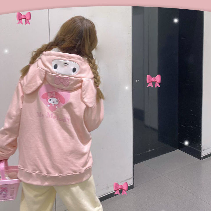 Kawaii Cinnamorol Kuromi Loose Hoodie Sweet Sweater Plus Velvet Jacket Sanrio Melody Jk Uniform Clothes Girl 2 - Kuromi Plush