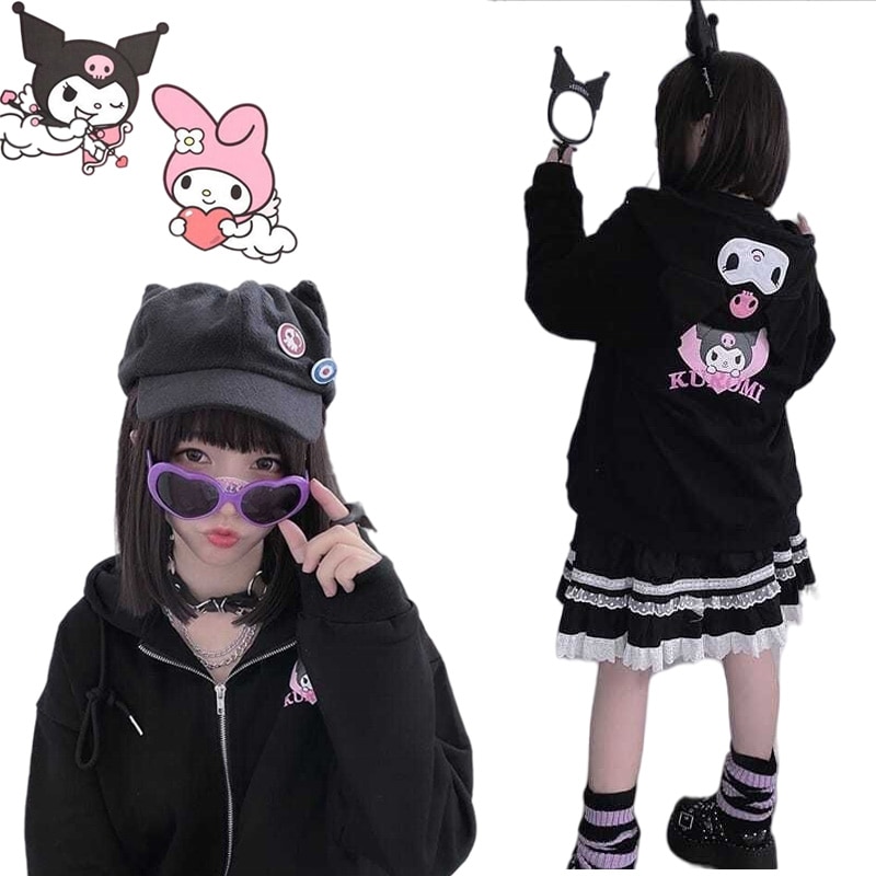 Kawaii Cinnamorol Kuromi Loose Hoodie Sweet Sweater Plus Velvet Jacket Sanrio Melody Jk Uniform Clothes Girl - Kuromi Plush