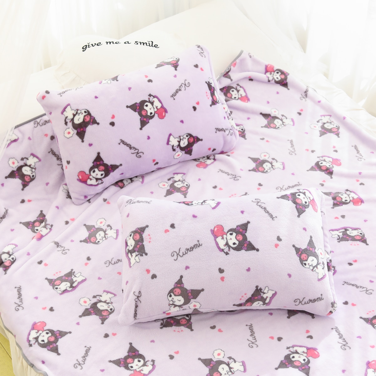 Kawaii Kuromi Plush Print Blanket Large Melody Cinnamoroll Flannel Sofa Cushion Bedroom Decor Birthday Gifts for 2 - Kuromi Plush