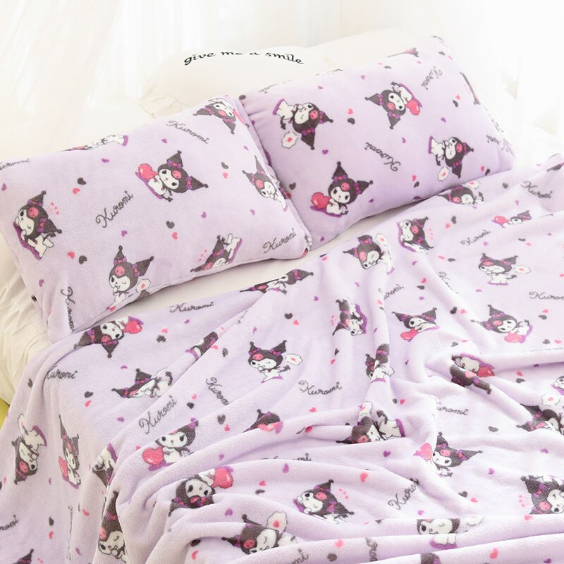 Kawaii Kuromi Plush Print Blanket Large Melody Cinnamoroll Flannel Sofa Cushion Bedroom Decor Birthday Gifts for 5 - Kuromi Plush