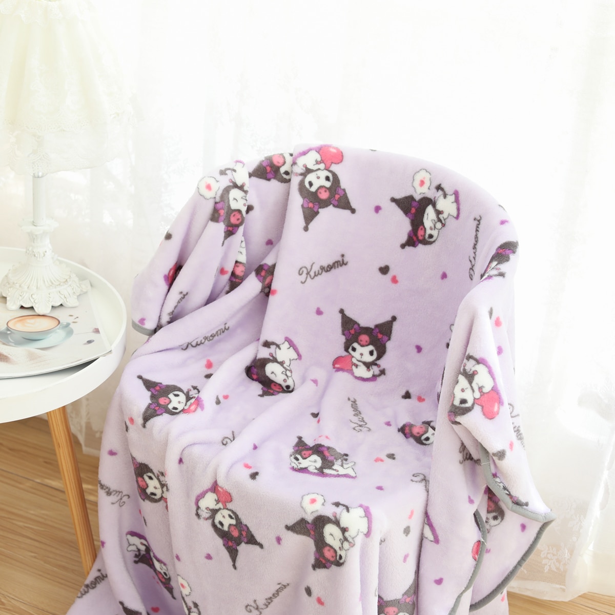 Kawaii Kuromi Plush Print Blanket Large Melody Cinnamoroll Flannel Sofa Cushion Bedroom Decor Birthday Gifts for - Kuromi Plush