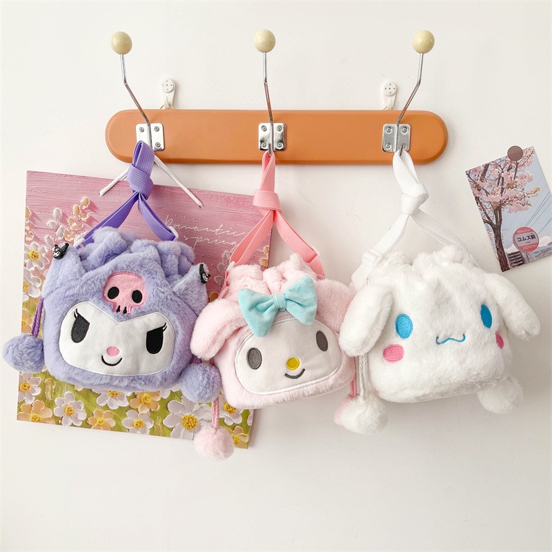 Kawaii Plush Sanrio Bag Kuromi Melody Cinnamoroll Anime Stuffed Backpacks for Girls Doll Cartoon Crossbody Soft 1 - Kuromi Plush