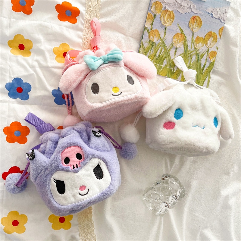 Kawaii Plush Sanrio Bag Kuromi Melody Cinnamoroll Anime Stuffed Backpacks for Girls Doll Cartoon Crossbody Soft 2 - Kuromi Plush