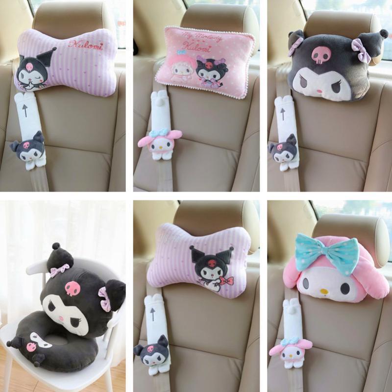 Sanrio Anime Kuromi Car Seat Pillow Pink Melody Car Headrest Neck Pillow And Seat Belt Cartoon 1 - Kuromi Plush