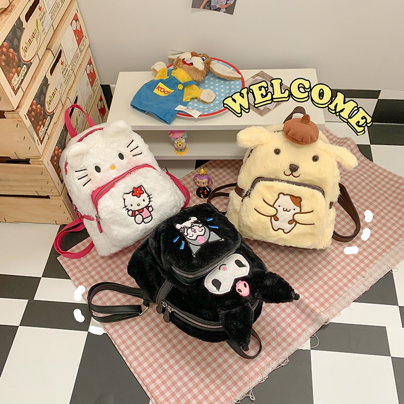Sanrio Anime My Melody Kuromi Cinnamoroll Hello Kitty Pom Pom Purin Pochacco Plush Bag Plush Backpacks 2 - Kuromi Plush