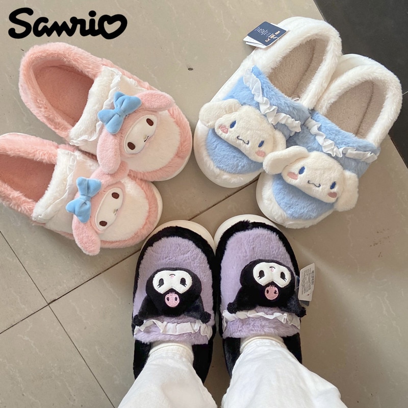 Sanrio Kawaii Cinnamoroll Plush Slipper Hello Kitty Melody Kuromi Winter Stuffed Shoes Women Girl Indoor Home - Kuromi Plush