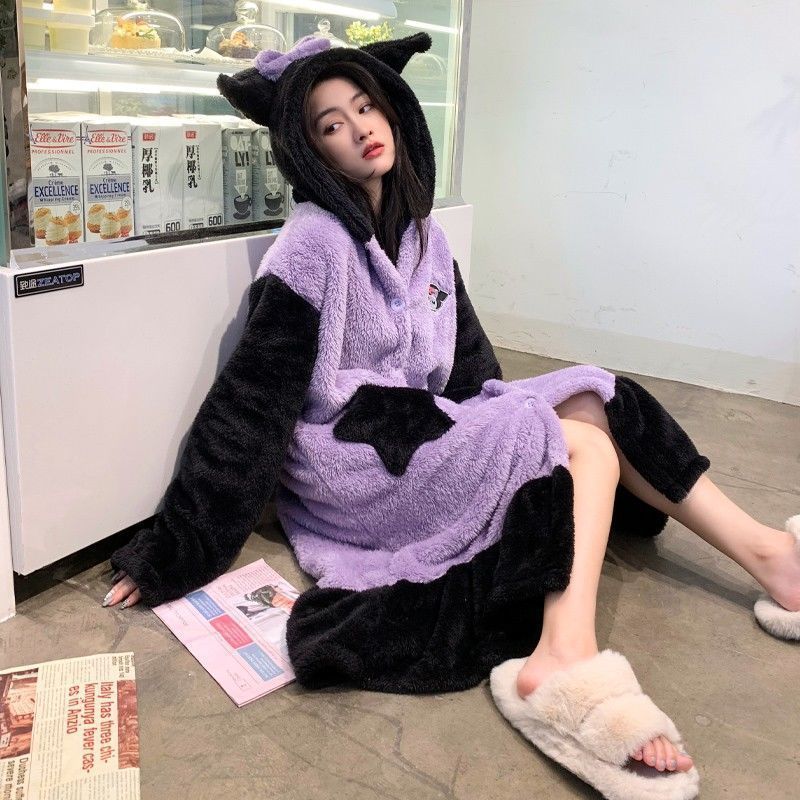 Sanrio Kuromi Coral Fleece Nightgown Winter Warm Cute Casual Hooded Homewear Cartoon Soft Plush Nightgown Pajama 1 - Kuromi Plush