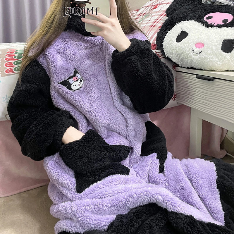 Sanrio Kuromi Coral Fleece Nightgown Winter Warm Cute Casual Hooded Homewear Cartoon Soft Plush Nightgown Pajama 2 - Kuromi Plush