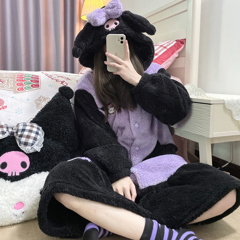 Sanrio Kuromi Coral Fleece Nightgown Winter Warm Cute Casual Hooded Homewear Cartoon Soft Plush Nightgown Pajama 3 - Kuromi Plush