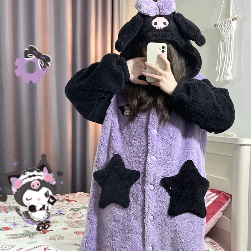 Sanrio Kuromi Coral Fleece Nightgown Winter Warm Cute Casual Hooded Homewear Cartoon Soft Plush Nightgown Pajama 4 - Kuromi Plush