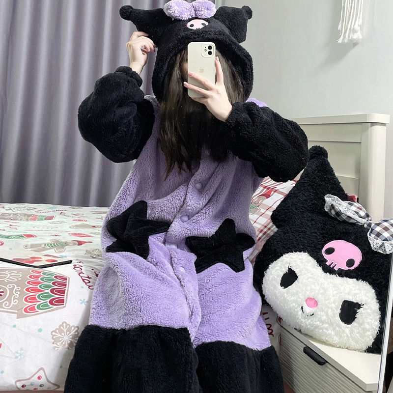 Sanrio Kuromi Coral Fleece Nightgown Winter Warm Cute Casual Hooded Homewear Cartoon Soft Plush Nightgown Pajama - Kuromi Plush