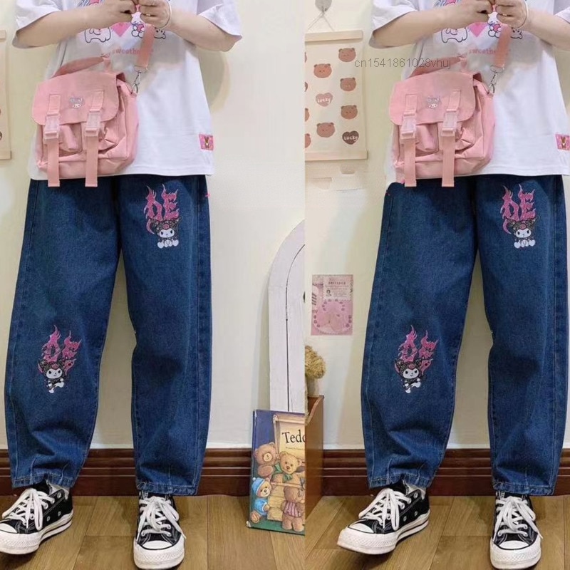 Sanrio Kuromi Print High Waist Fashion Jeans Women Girls Wide Leg Loose Pants Female Streetwear Straight 1 - Kuromi Plush