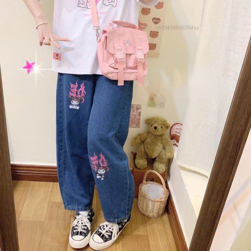 Sanrio Kuromi Print High Waist Fashion Jeans Women Girls Wide Leg Loose Pants Female Streetwear Straight 2 - Kuromi Plush