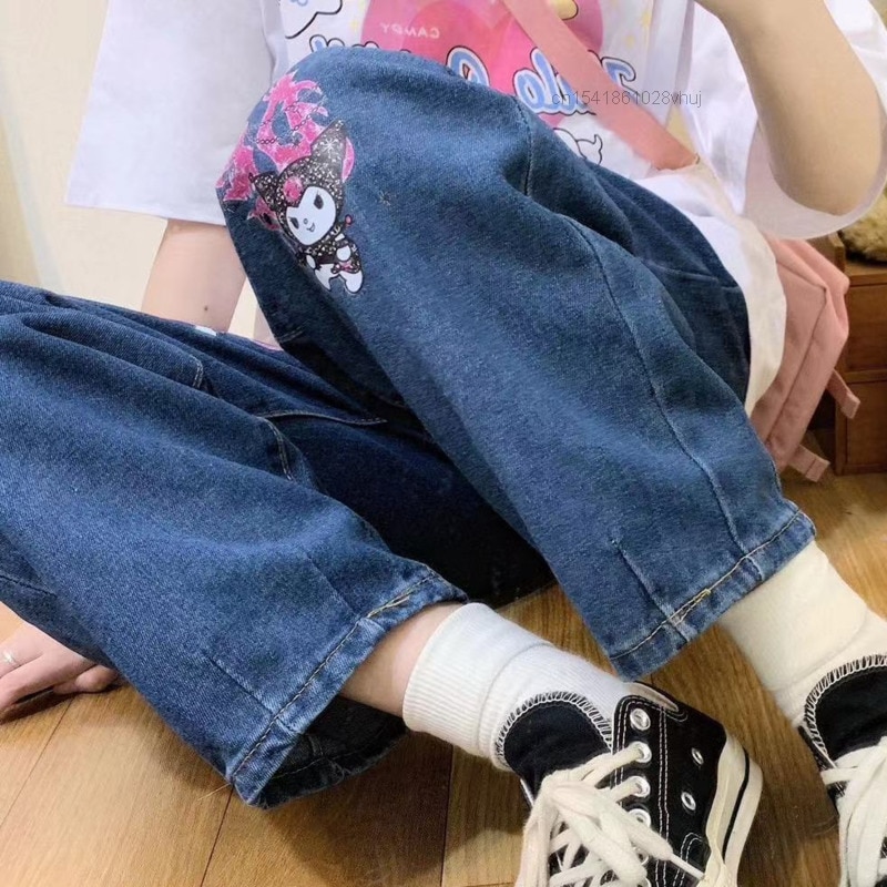 Sanrio Kuromi Print High Waist Fashion Jeans Women Girls Wide Leg Loose Pants Female Streetwear Straight 4 - Kuromi Plush