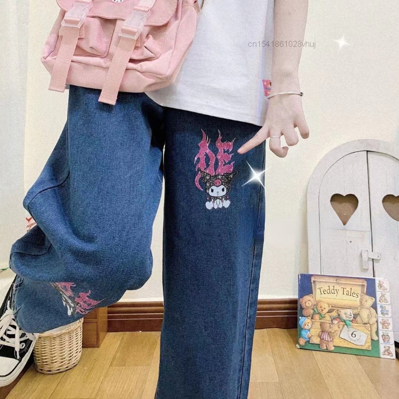 Sanrio Kuromi Print High Waist Fashion Jeans Women Girls Wide Leg Loose Pants Female Streetwear Straight 5 - Kuromi Plush