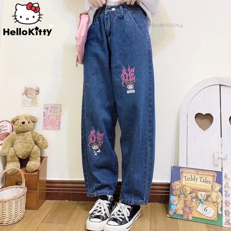 Sanrio Kuromi Print High Waist Fashion Jeans Women Girls Wide Leg Loose Pants Female Streetwear Straight - Kuromi Plush