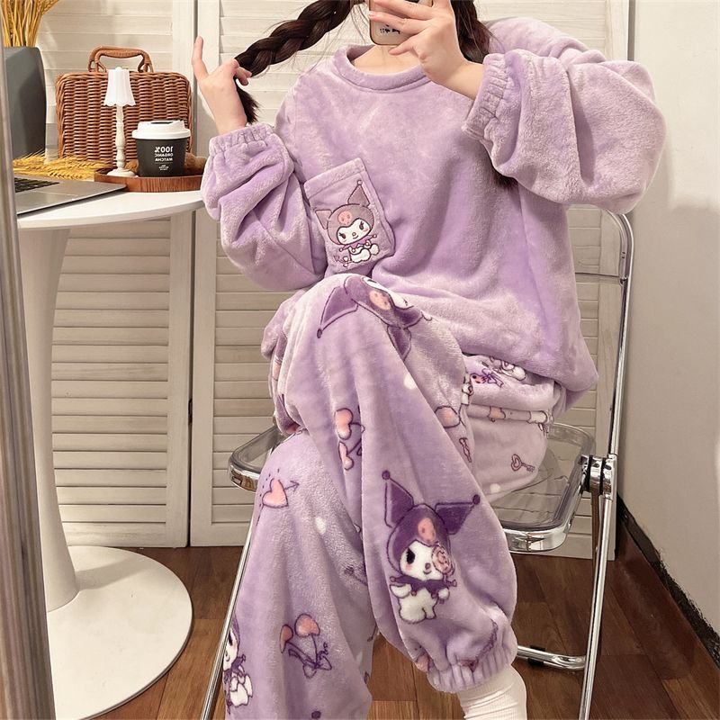 Sanrios Coral Velvet Pajamas Kawaii Cute Hello Kitty Kuromi Mymelody Pochacco Cartoon Thick Warm Flannel Household 1 - Kuromi Plush