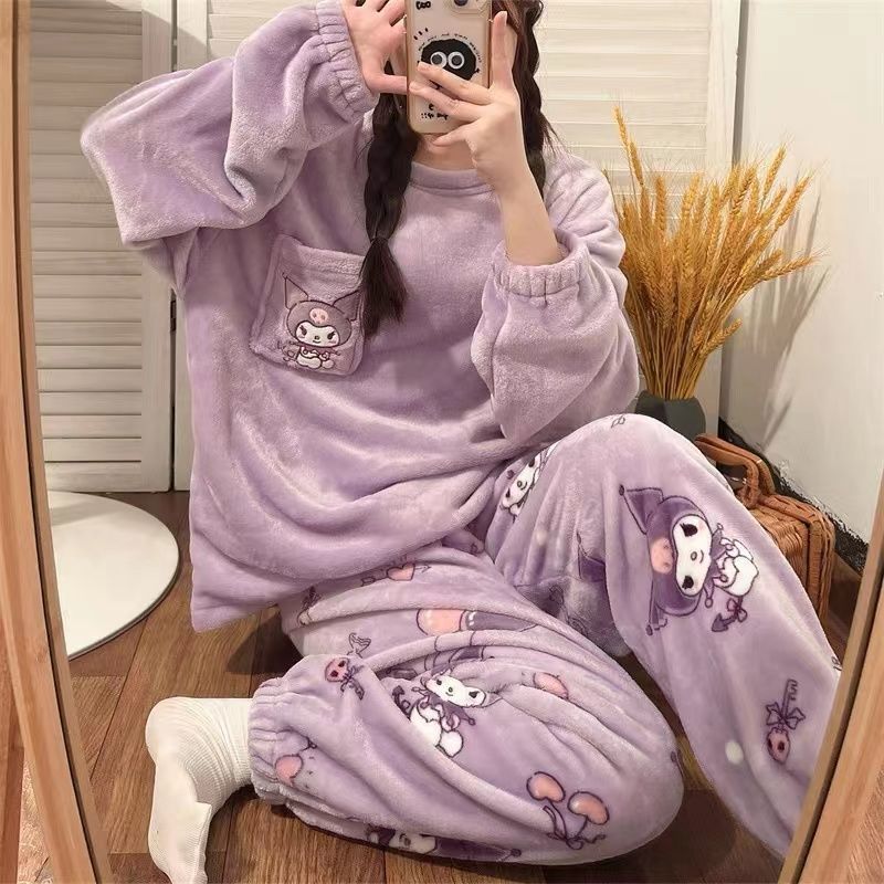 Sanrios Coral Velvet Pajamas Kawaii Cute Hello Kitty Kuromi Mymelody Pochacco Cartoon Thick Warm Flannel Household - Kuromi Plush