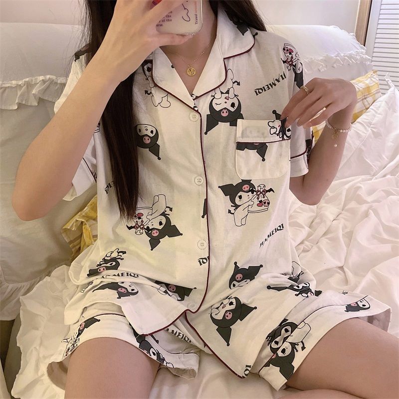 Sweet Kuromi Printing Pajamas Worn Outside Home Clothes Cute Cartoon Girls Pajamas Suit Comfortable Loose Gift 1 - Kuromi Plush