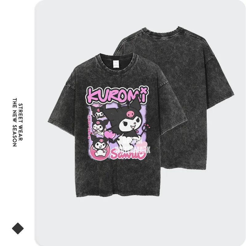 Anime My Melody T Shirt Oversized Vintage Washed Kuromi T shirts Retro Streetwear Hello Kitty Cute 1 - Kuromi Plush