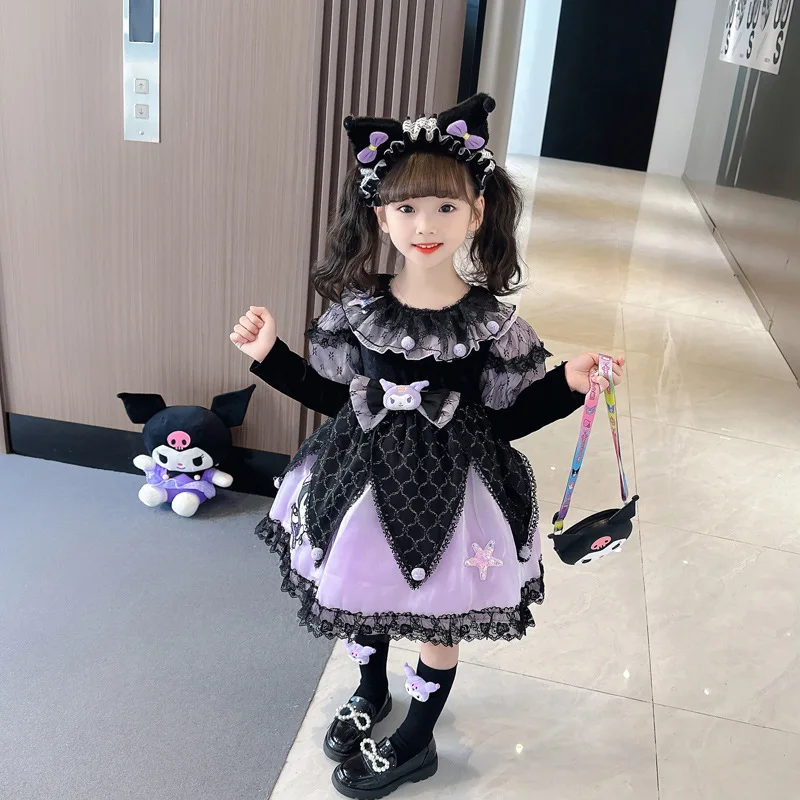 Halloween Girl Children Clothing Kids Lolita Skirt Set Autumn Anime Sanrio Kuromi Girl Long Sleeves Dress 4 - Kuromi Plush