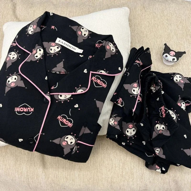 Kawaii Sanrios Kuromi Pajama Sets Spring and Autumn Cartoon Cotton Pajamas for Women Cute Casual Home 1 - Kuromi Plush