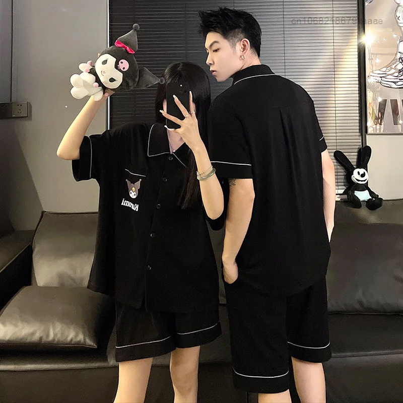 Sanrio Kuromi 2023 Couple Design Pajamas Set Women Men Black Short Sleeve Top Shirts Shorts 2 2 - Kuromi Plush