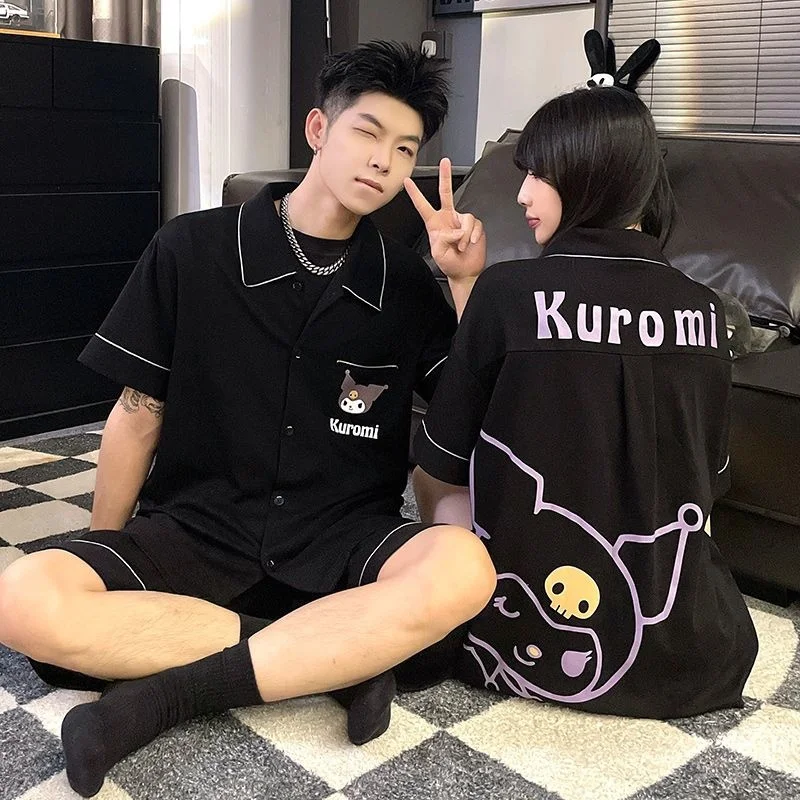 Sanrio Kuromi 2023 Couple Design Pajamas Set Women Men Black Short Sleeve Top Shirts Shorts 2 - Kuromi Plush