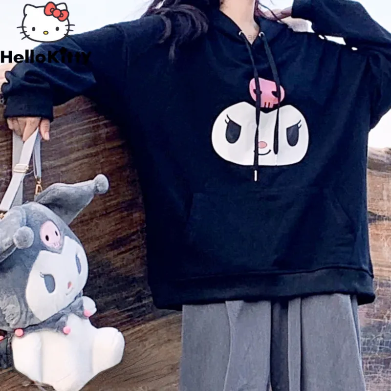 Sanrio Kuromi Printed Hoodies For Women Y2k Lovely Soft Sweater Koran Style Harajuku Cute Tops Loose - Kuromi Plush