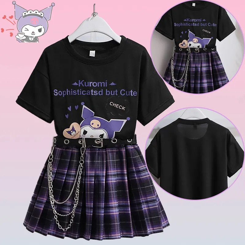 Sanrio Kuromi Short Sleeved Suit T Shirt Kawaii Jk Uniform Skirt College Pleated Skirt Two Piece - Kuromi Plush
