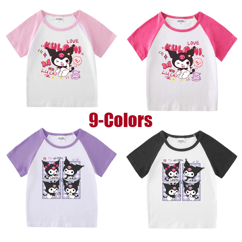Summer Kids Clothes for Girls Cute Cartoon Kuromi Short Sleeve T Shirts Toddler Girl Raglan Sleeves - Kuromi Plush